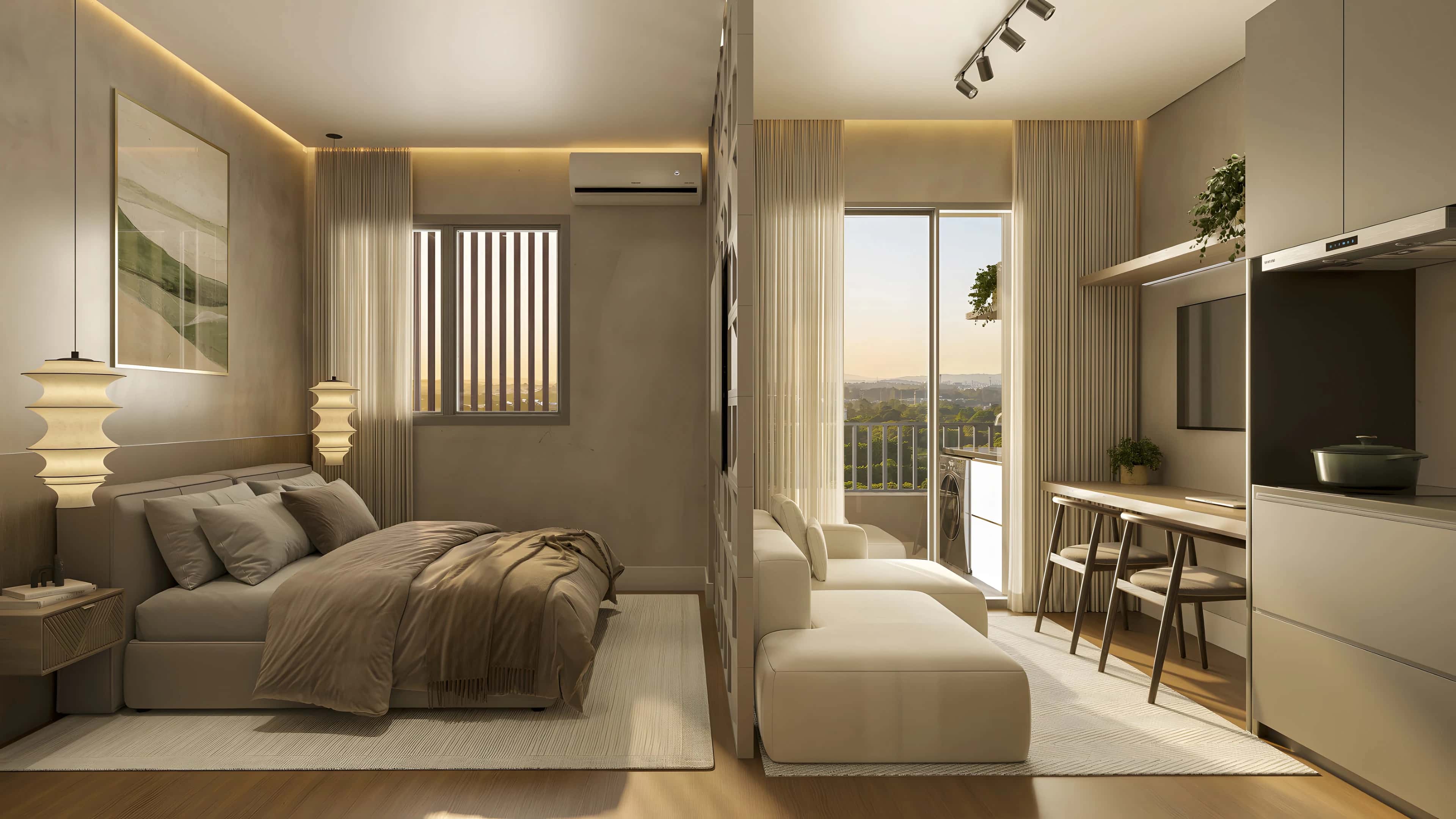 Studio do Liv One com cama, sofá e cozinha compacta integrados