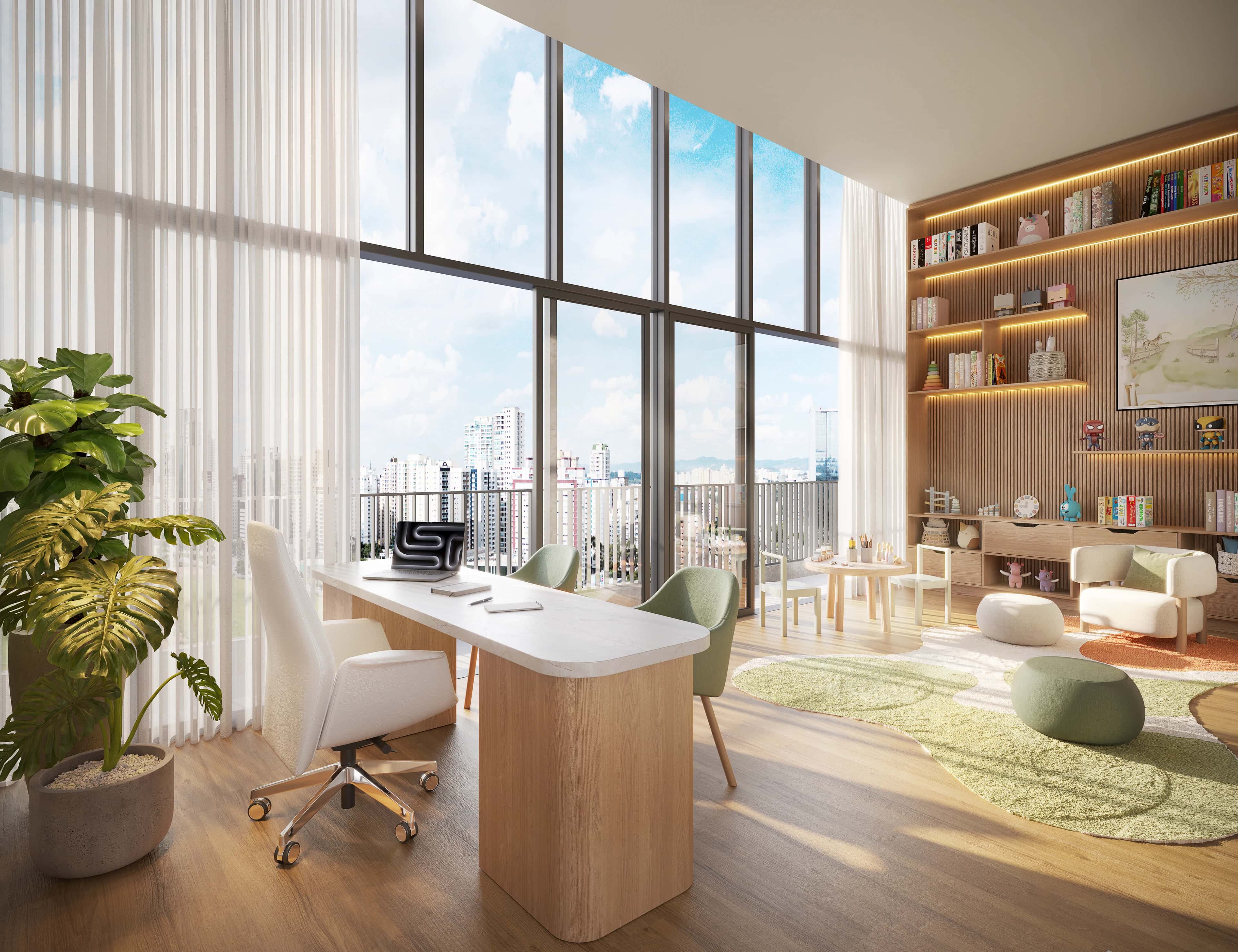 Sala comercial de 41 m² na cobertura do Martim com mesa e estantes