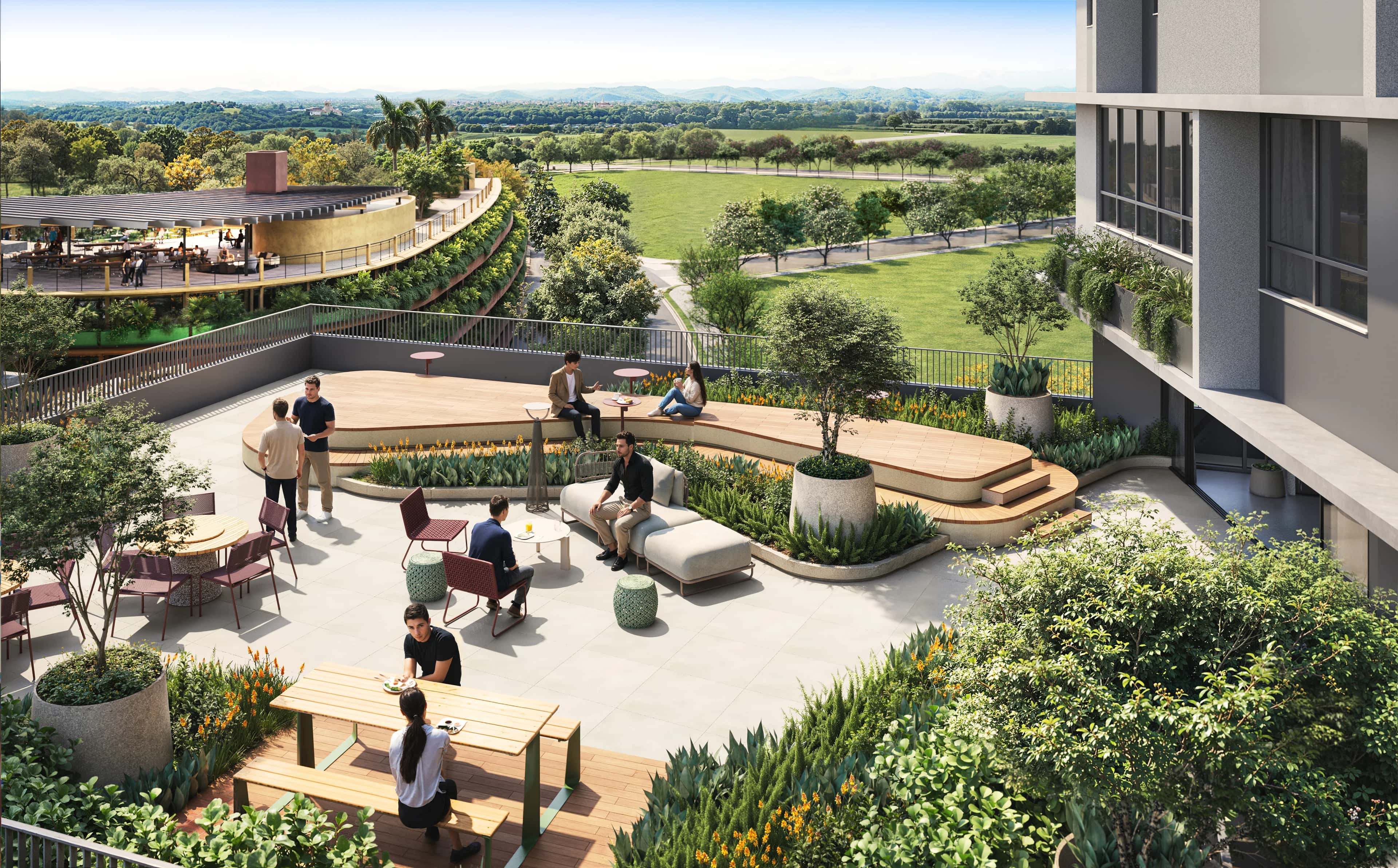 Terraço gourmet do Martim com mesas, jardim e vista do parque
