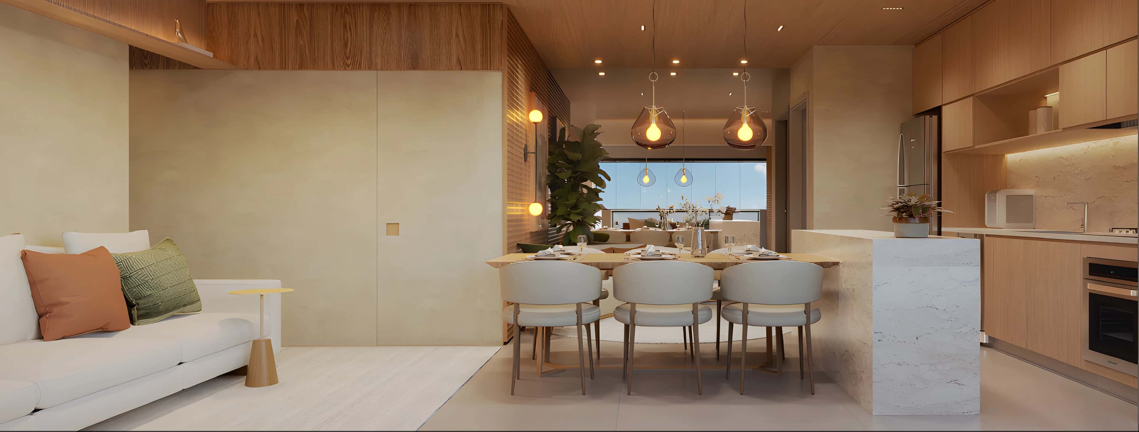 Sala com sofá e mesa de jantar integrada à cozinha com bancada de pedra no Next Home