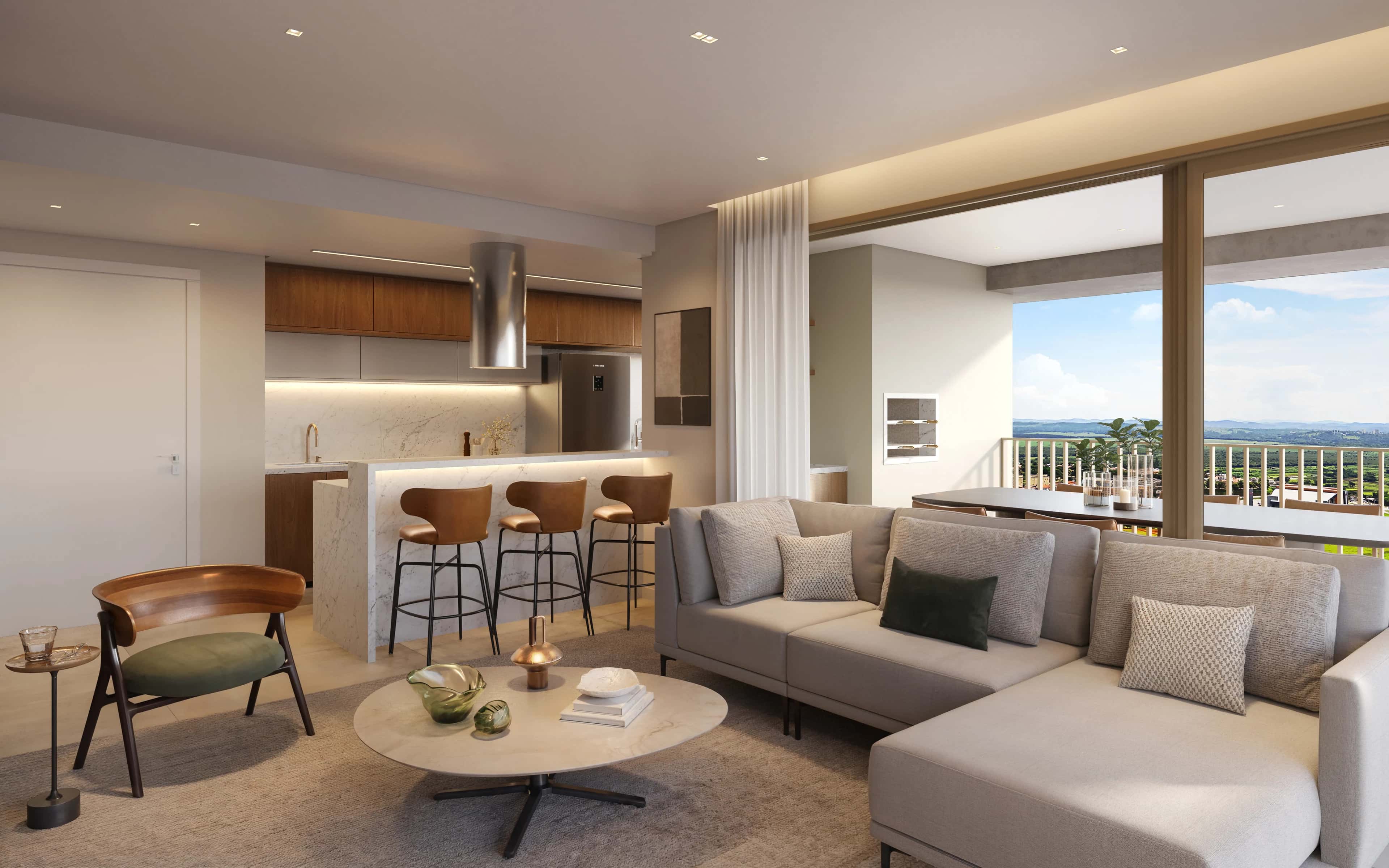 Sala ampla de apartamento de esquina do Riza com sofá e cozinha integrada