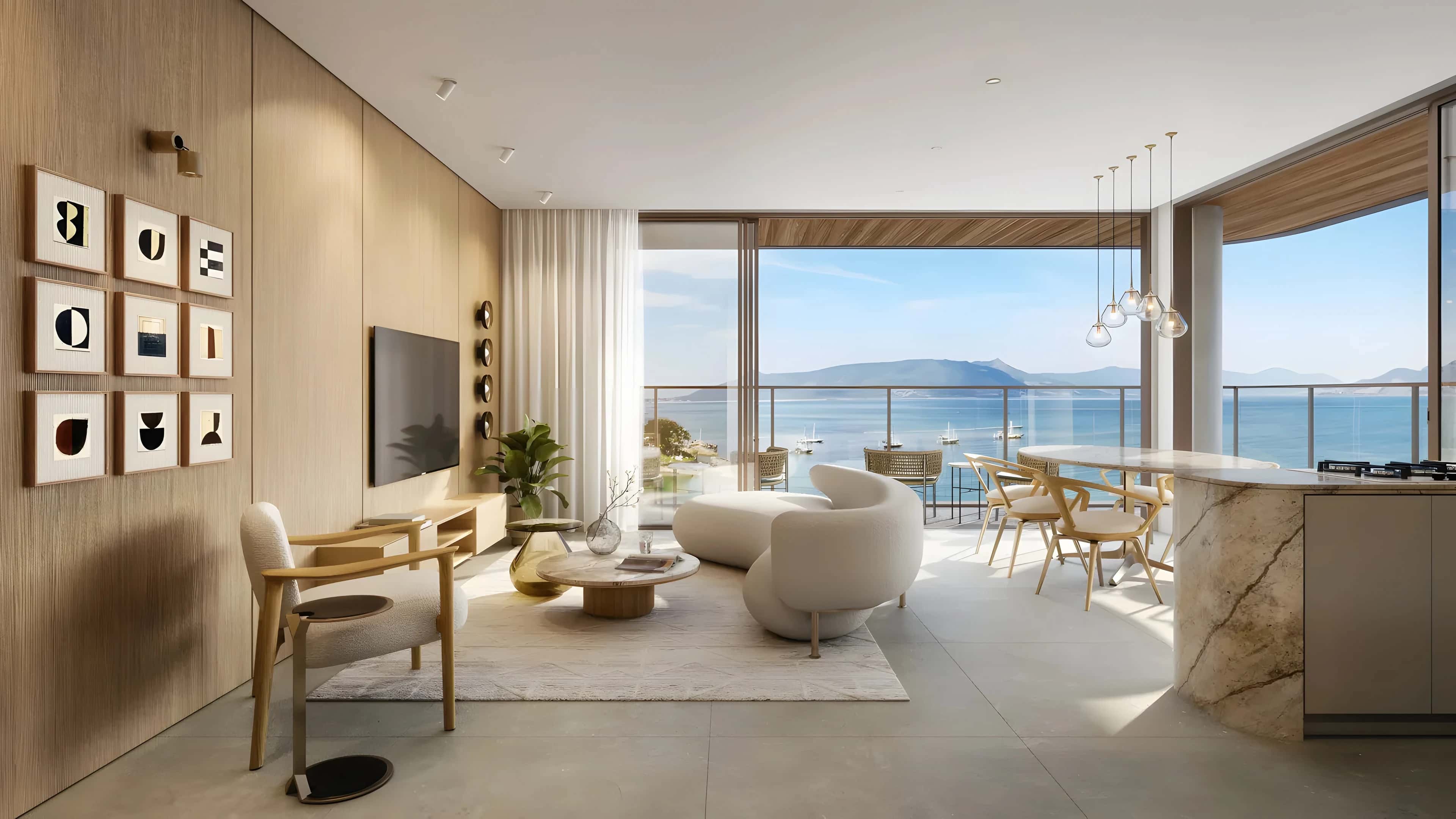 Living de apartamento do Scenarium com janelas para o mar