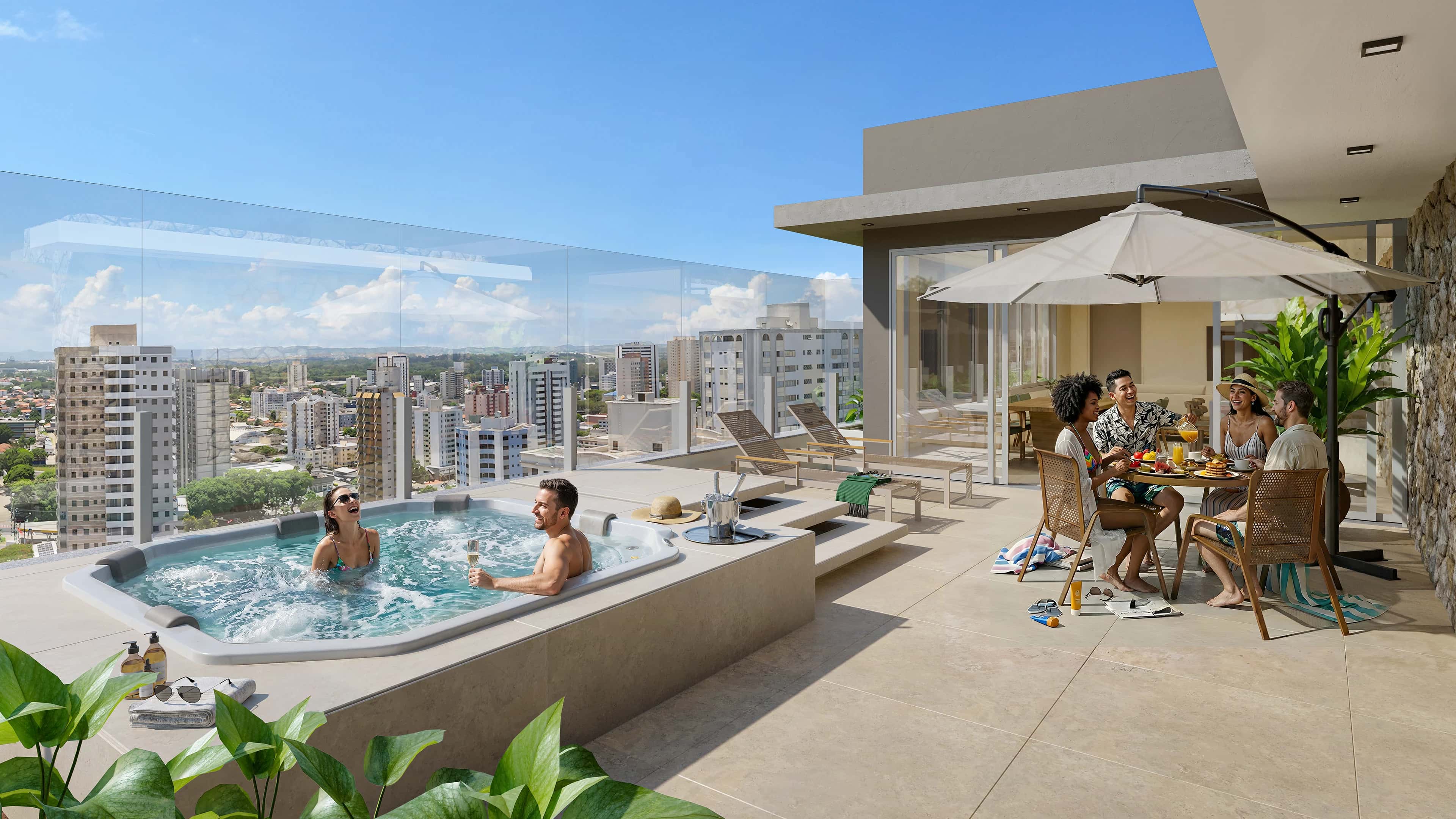 Área externa da casa de veraneio do Serena com jacuzzi e mesa