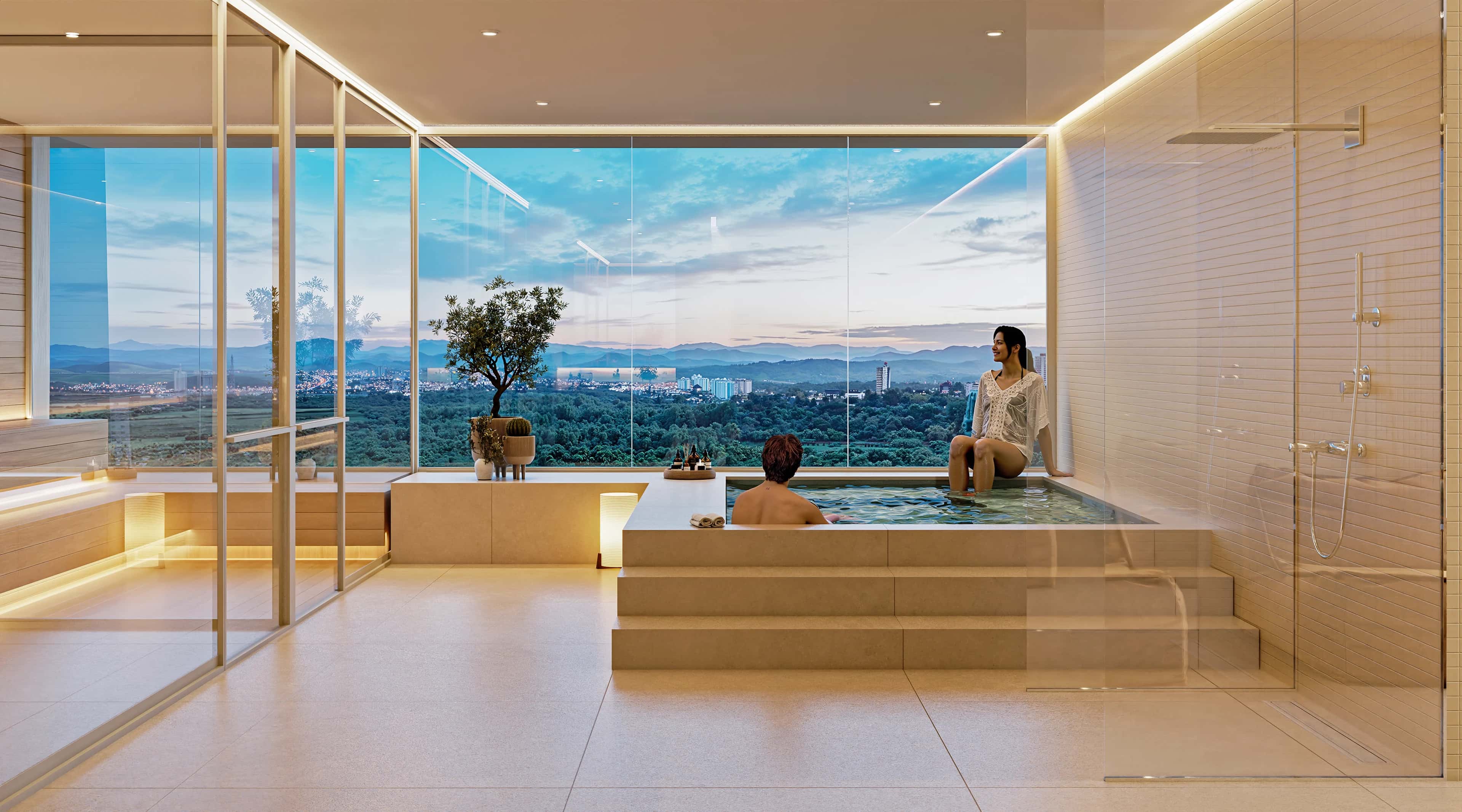 Spa do Serena com banheira e vista para a cidade
