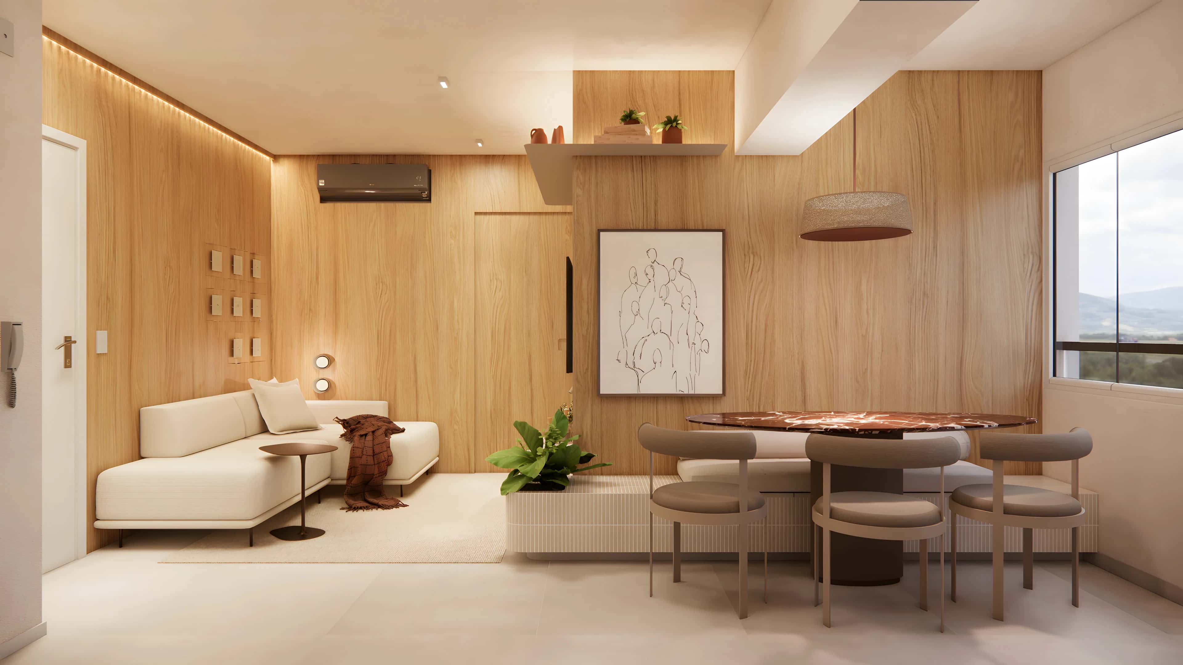 Sala do decorado do Sky Breeze com sofá claro, painel de madeira e mesa de jantar redonda