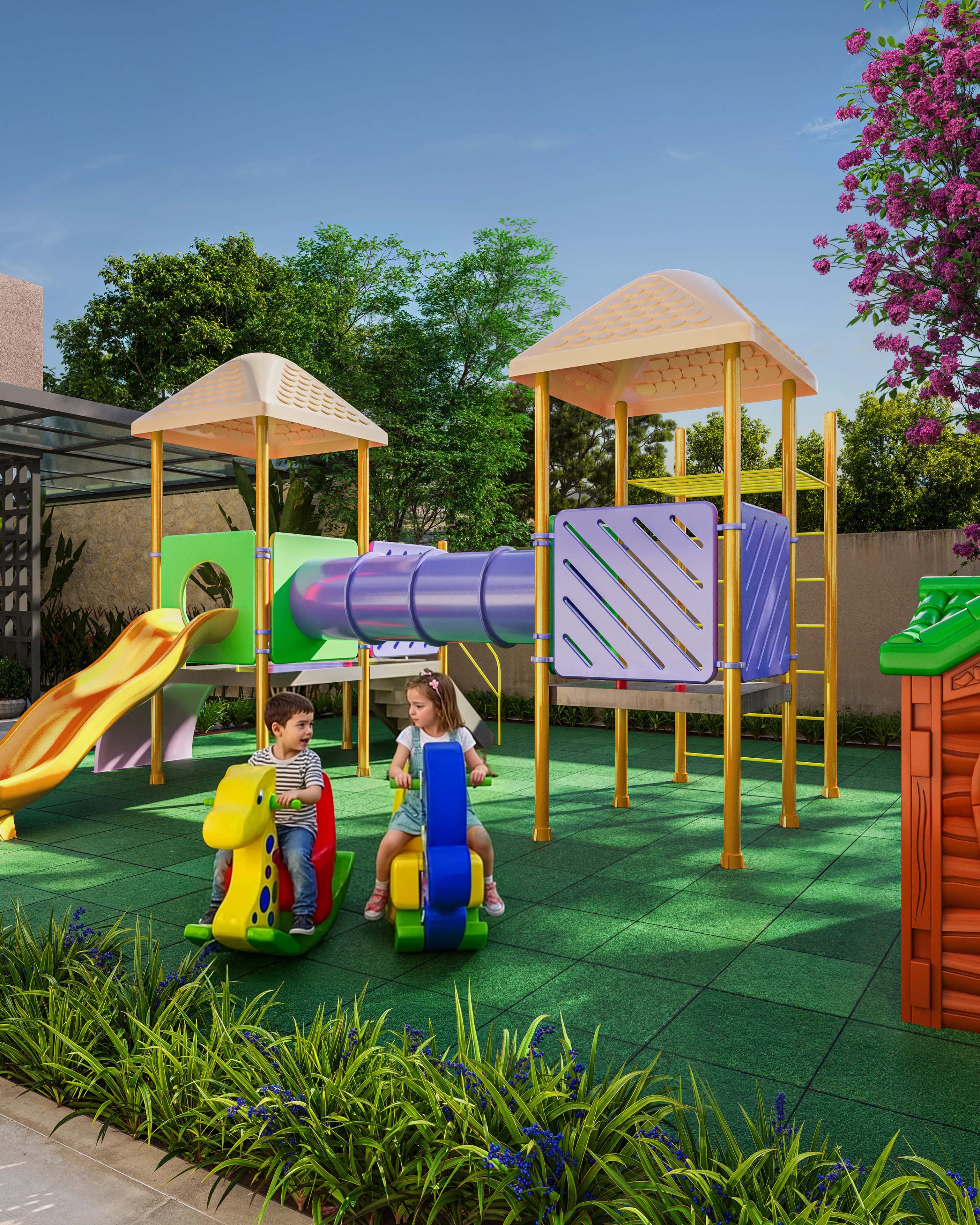 Playground do Sky Breeze com torres, escorregador e casinha