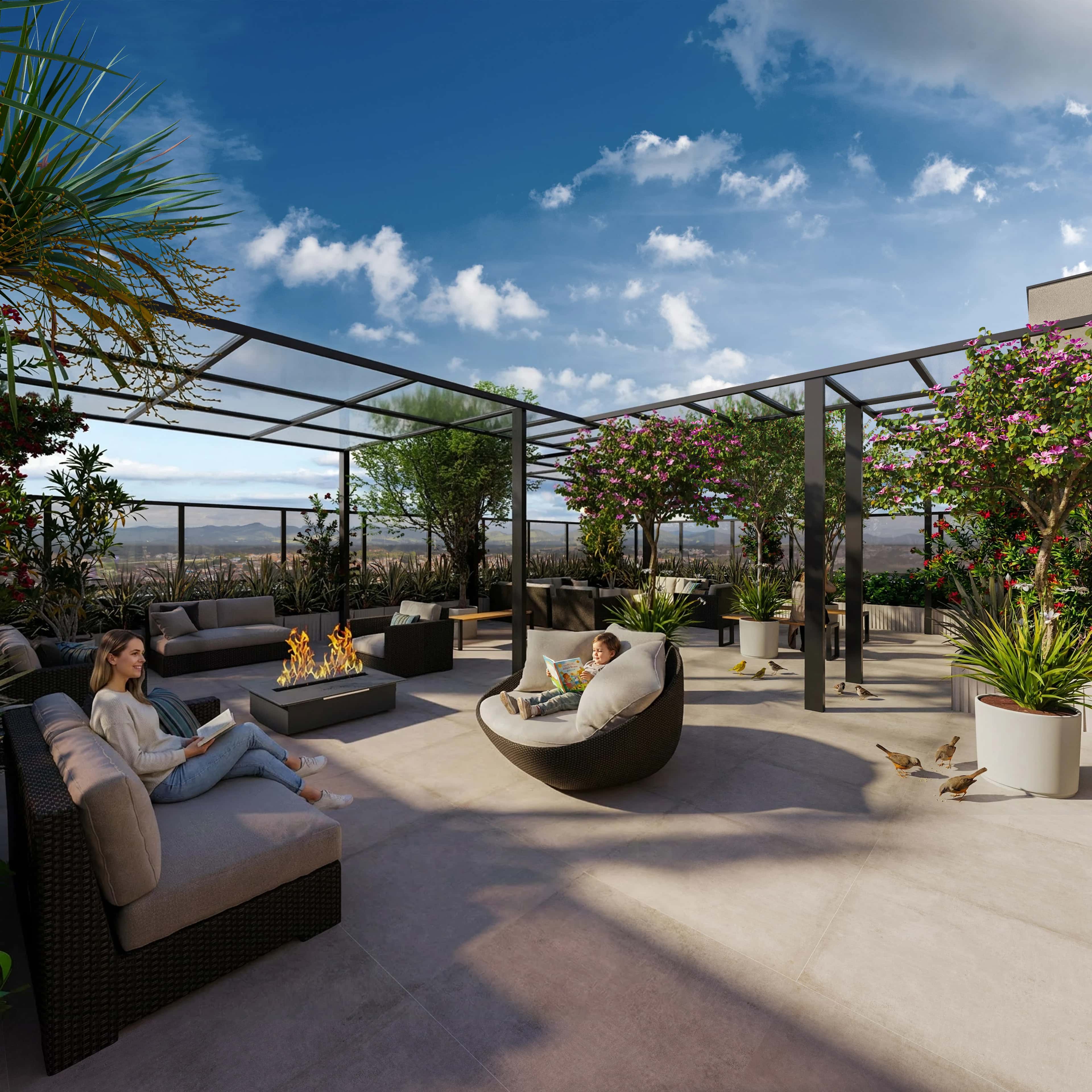 Lounge no rooftop do Sky Breeze com sofás, lareira e pergolado