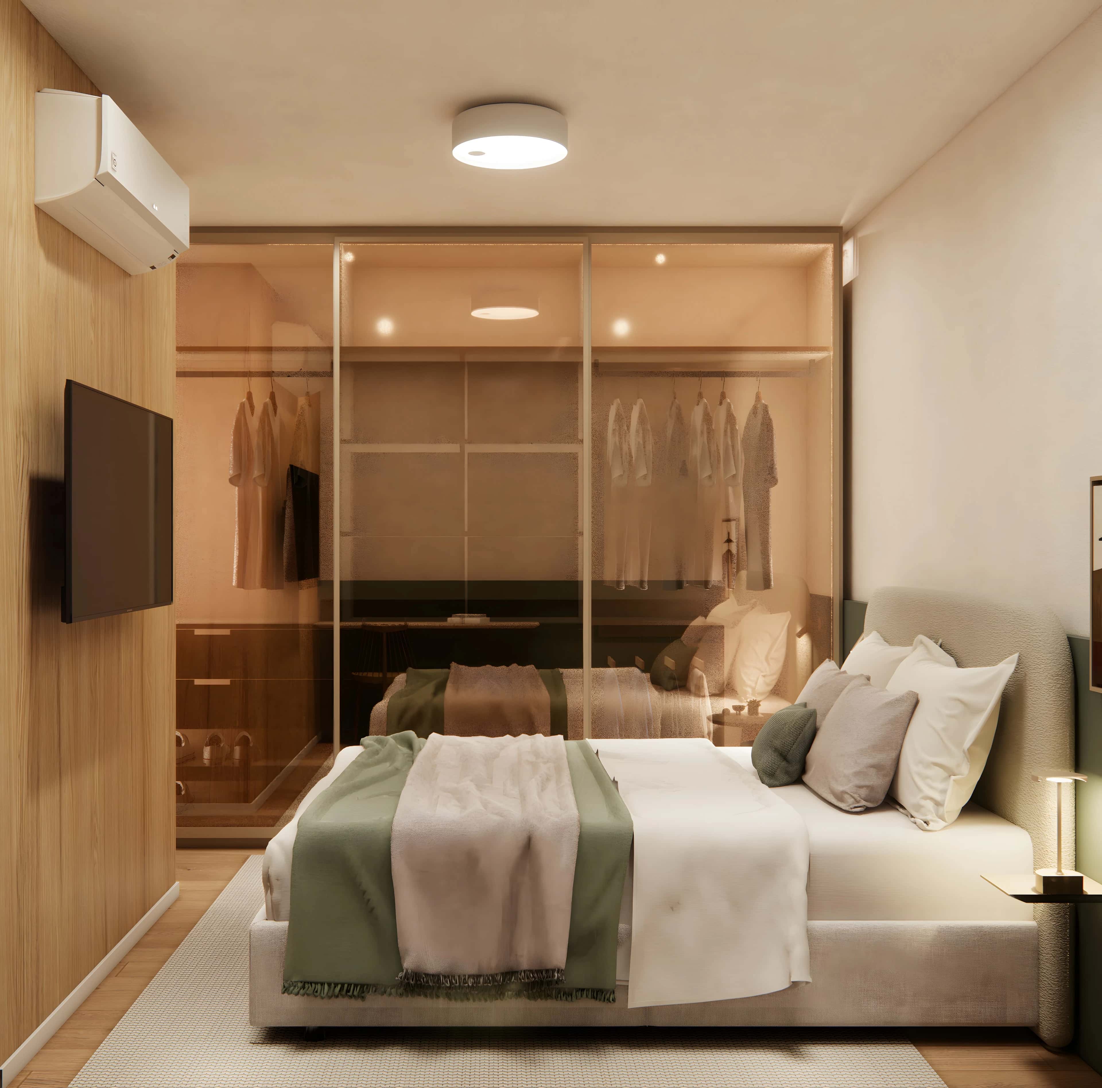 Suíte do decorado do Sky Breeze com armário de portas de vidro, TV e ar-condicionado