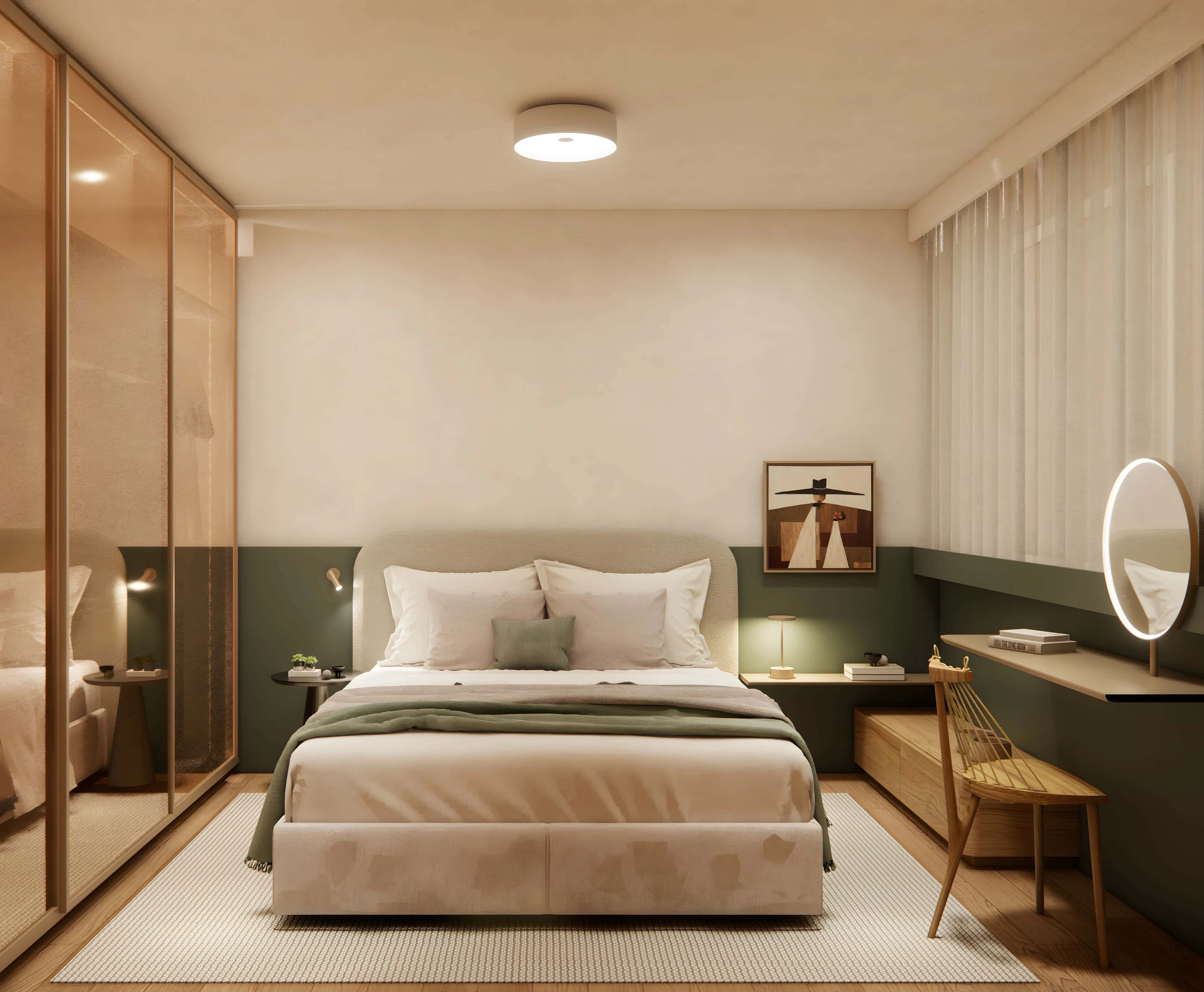 Suíte do decorado do Sky Breeze com cama de casal, parede verde e armário de vidro
