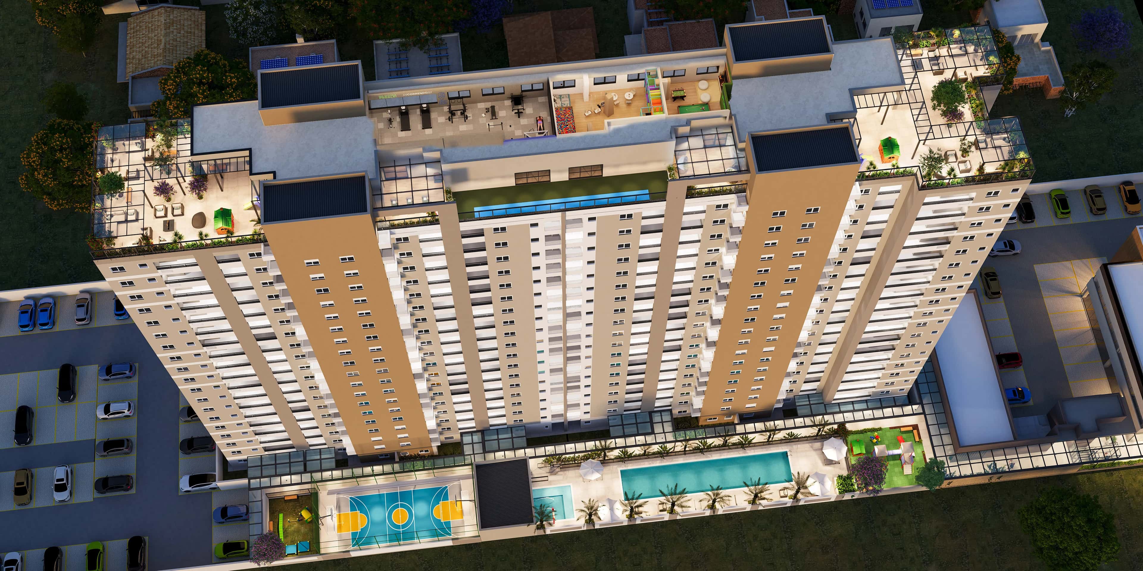 Vista aérea do Sky Breeze com os dois rooftops na cobertura e a piscina e a quadra no térreo