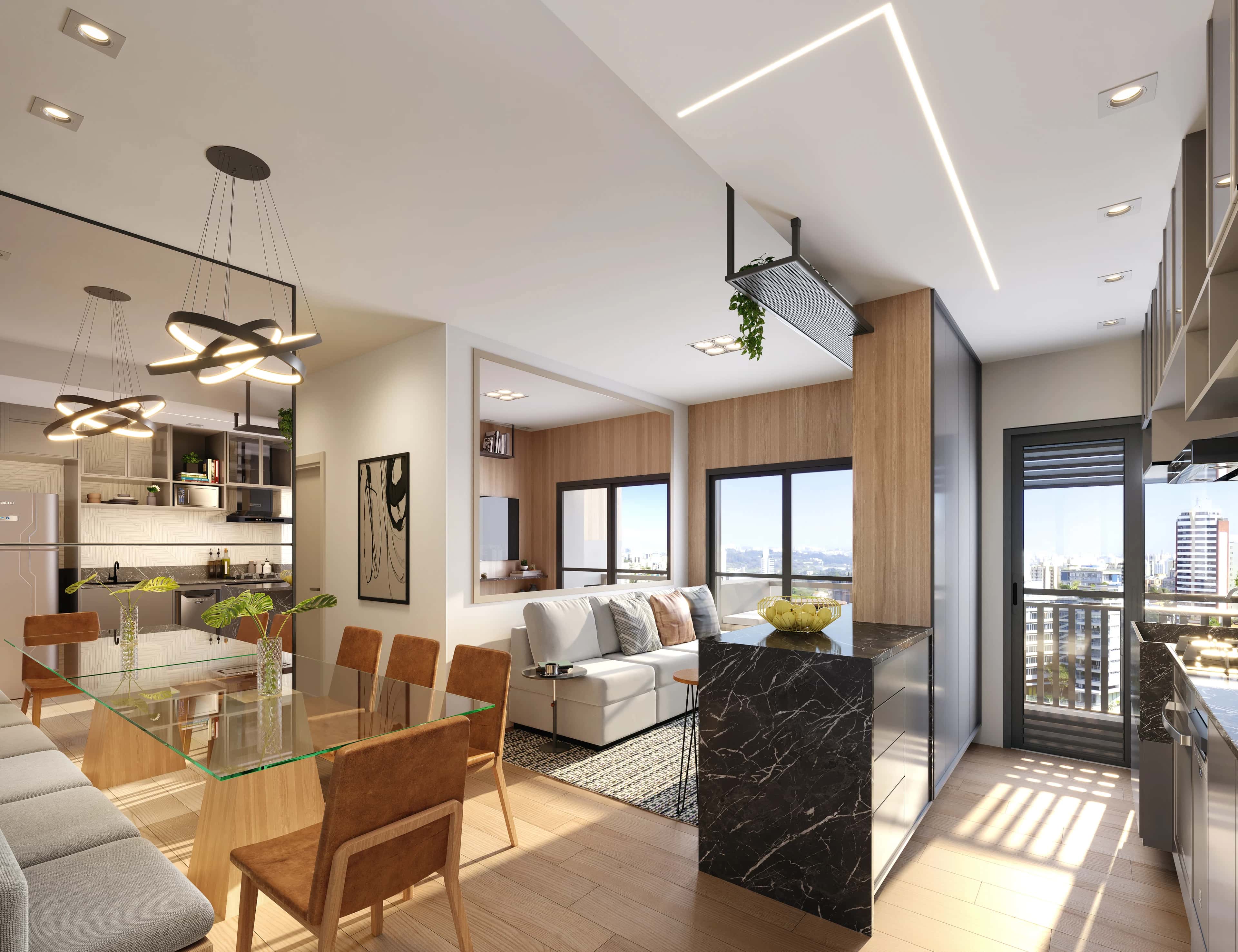 Sala de jantar e estar integradas à cozinha no apartamento de 2 dormitórios do Vision Colinas