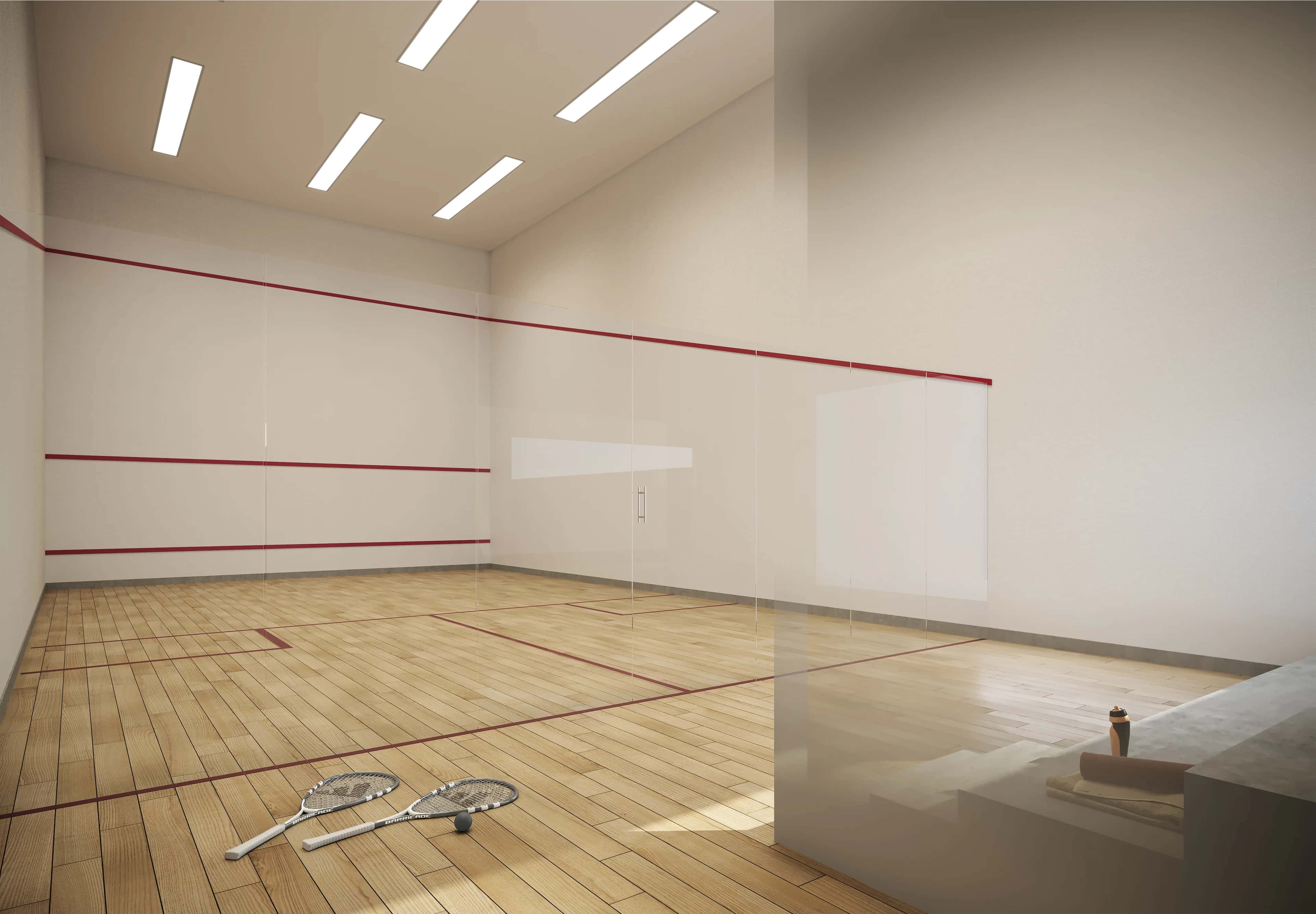 Quadra de squash do Vision Colinas com piso de madeira