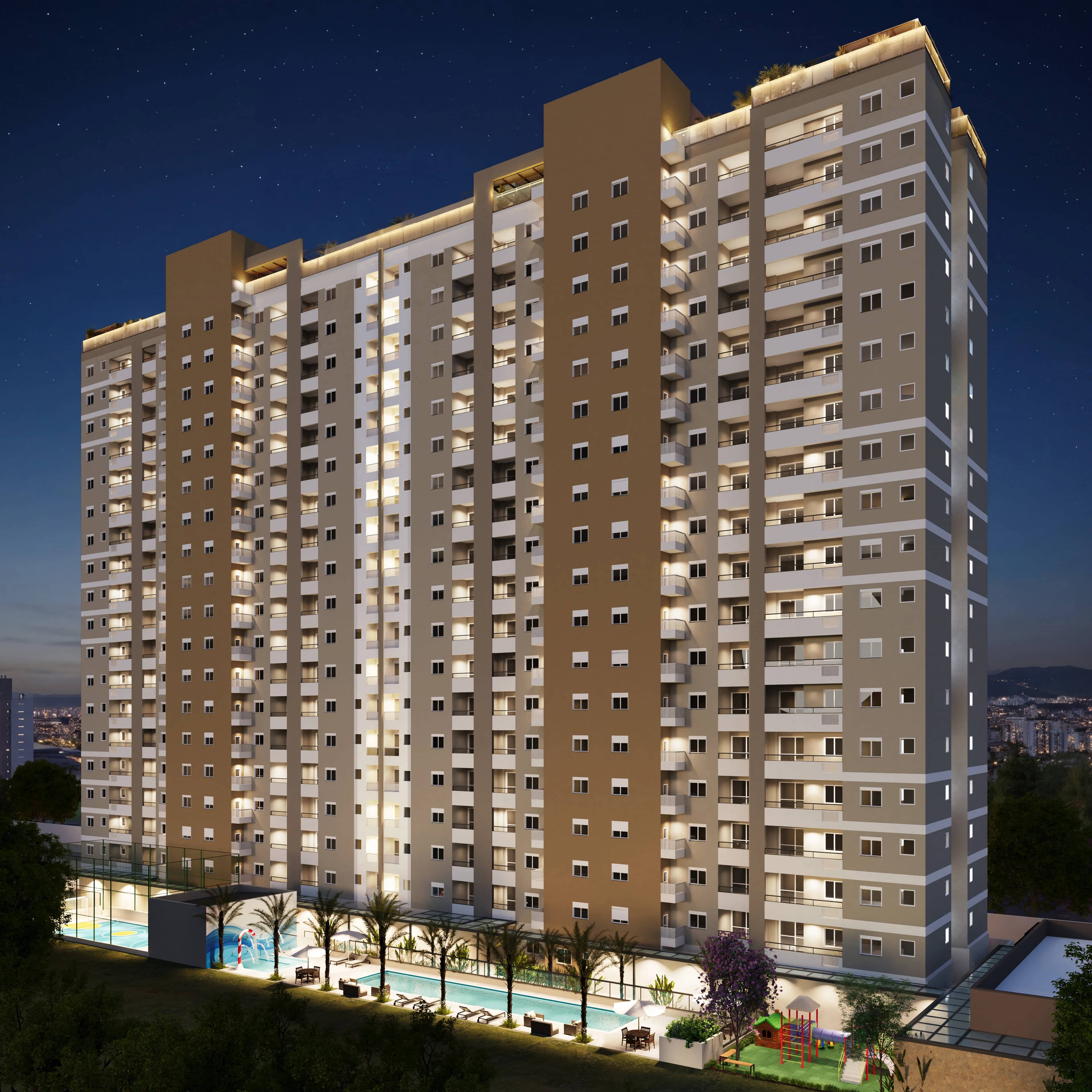 Torre do Sky Breeze à noite, com as duas alas iluminadas e a piscina no térreo