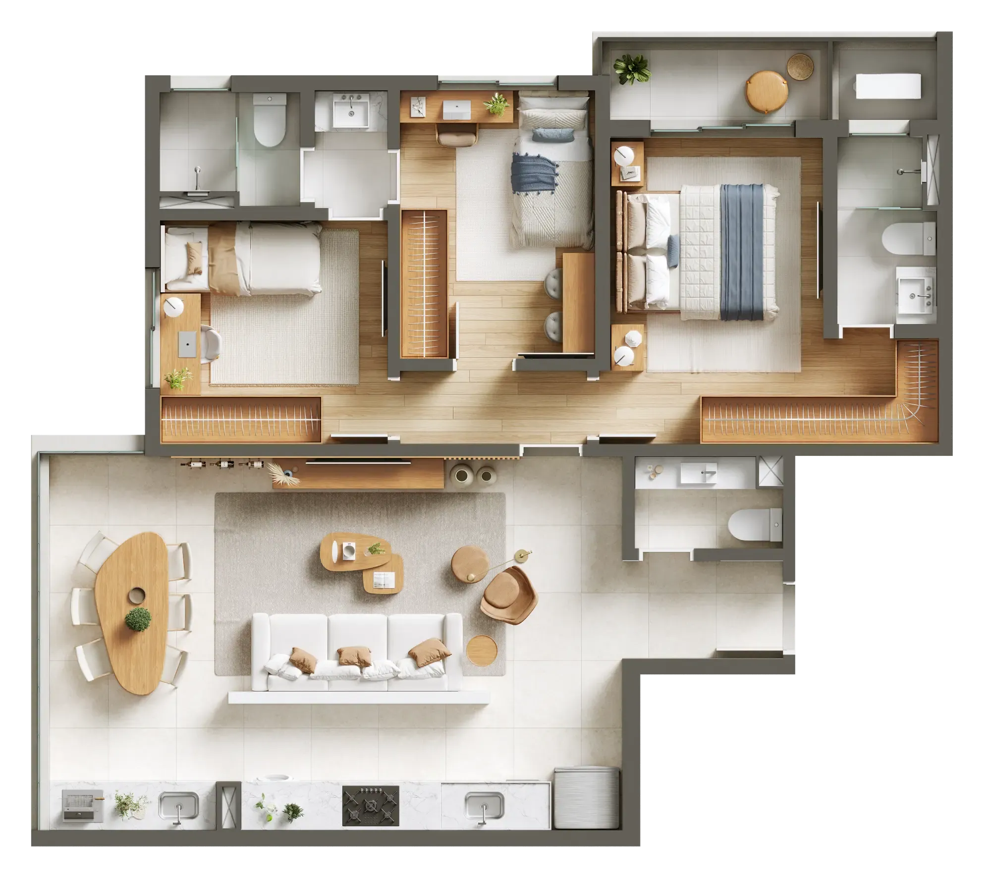 Planta humanizada de apartamento do Harmonic, opção 1