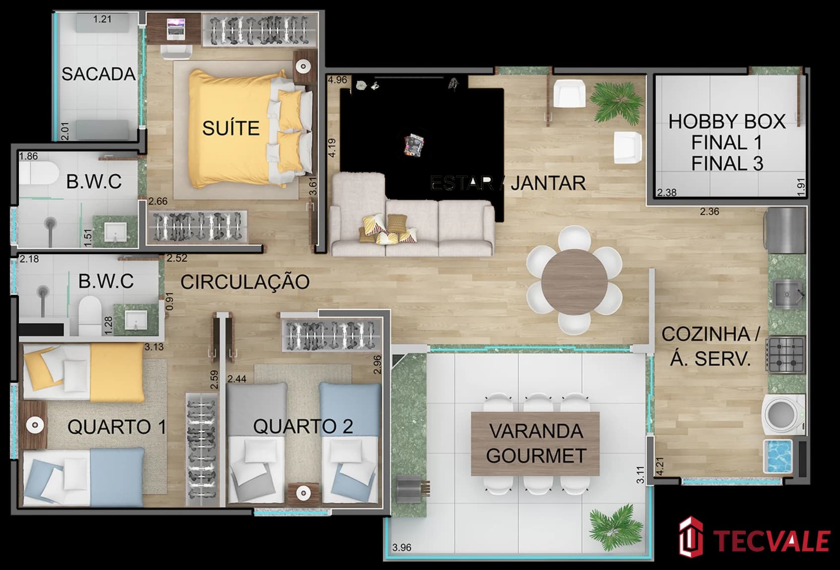 Planta do apartamento tipo final 1 do Neori com suíte, dois quartos, varanda gourmet e hobby box
