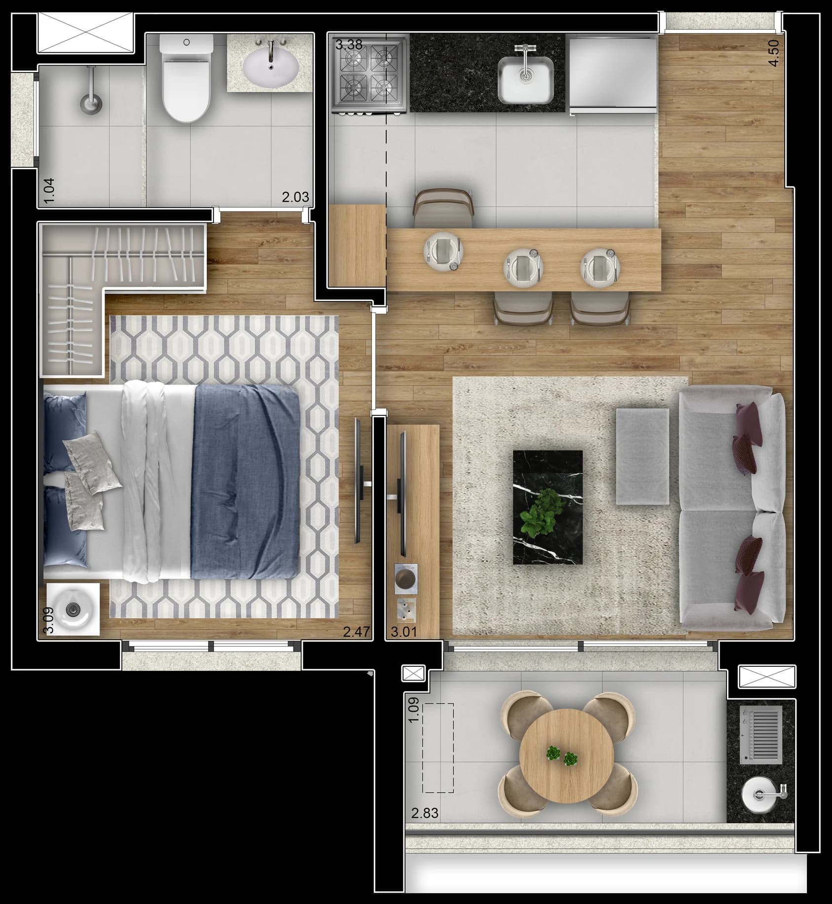 Planta humanizada do apartamento de 1 dormitório do Vision Colinas, 33,88 m², com terraço